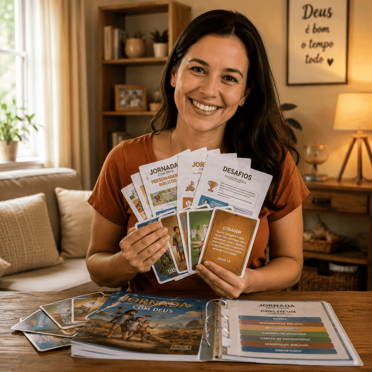 Ana Paula Ribeiro segurando as cartas e o álbum do Kit de Jogos Bíblicos