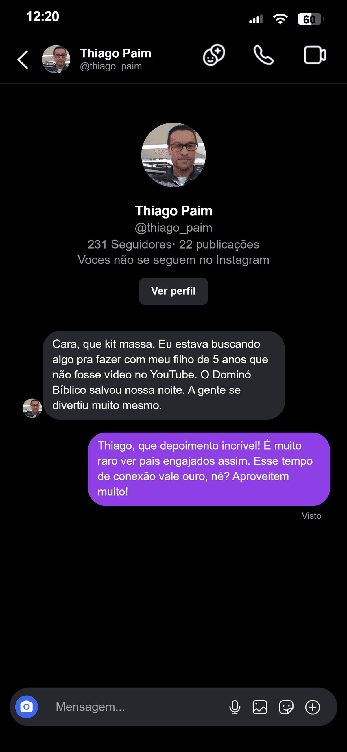 Conversa no Instagram com Thiago sobre os jogos bíblicos