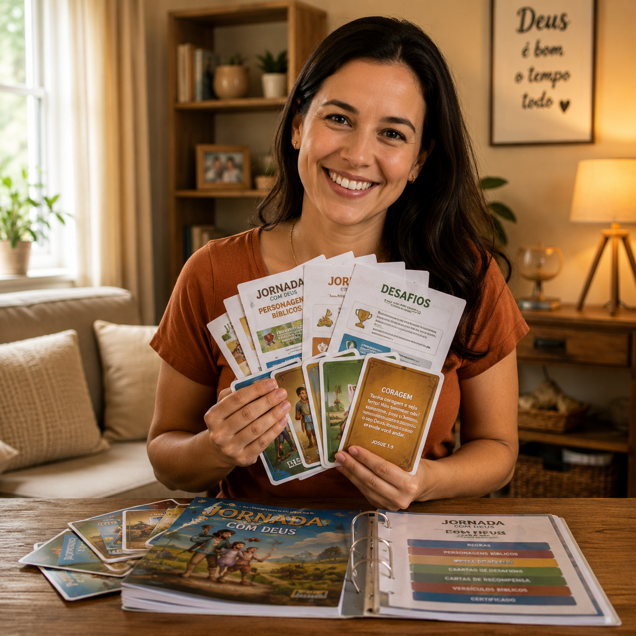 Ana Paula Ribeiro segurando as cartas e o álbum do Kit de Jogos Bíblicos
