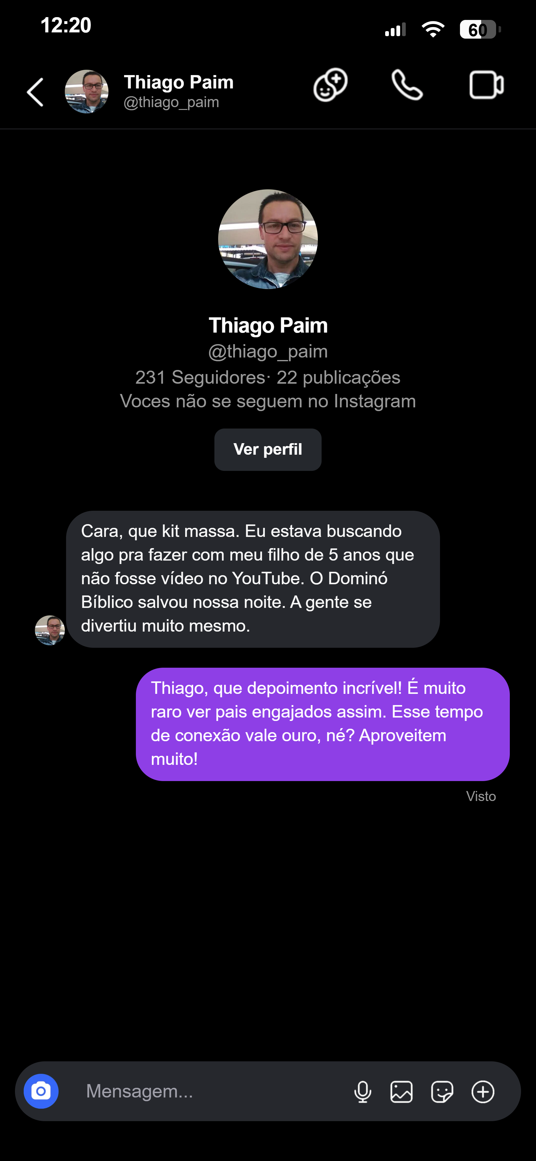 Conversa no Instagram com Thiago sobre os jogos bíblicos